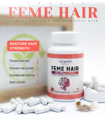 OEM ODM Feme Vitamin Rambut HACCP 60 Kapsul Per Botol Untuk Pertumbuhan Rambut